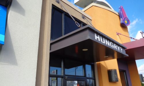 Next to a Taco Bell restaurant