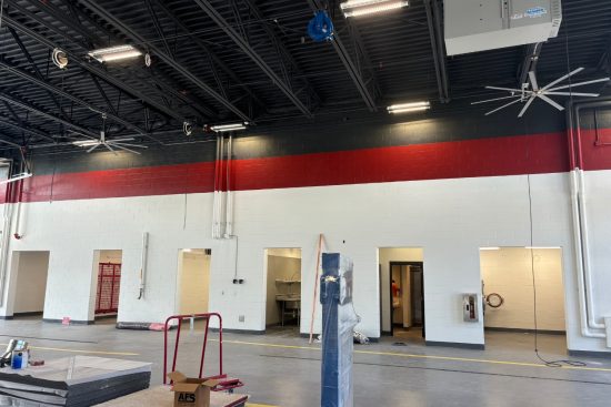 Cudahy Fire Station walls with red stripes front view