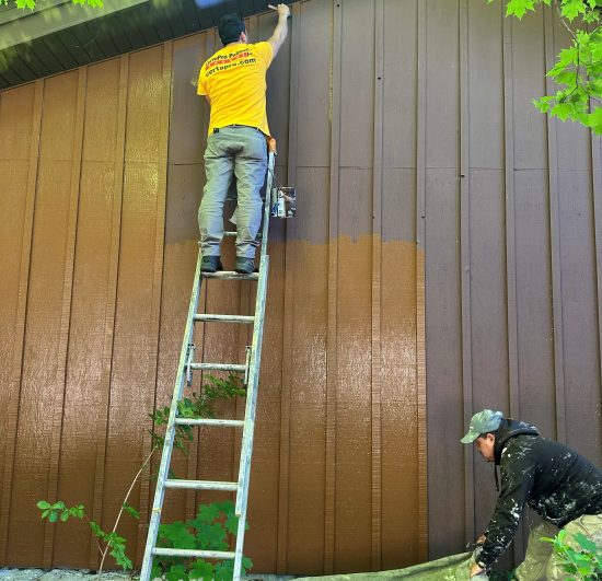 painter on ladder against house