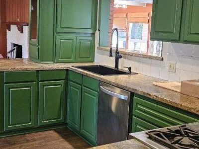 Rockwall Home Interior Full revamp Project after photo of full kitchen with green cabinets