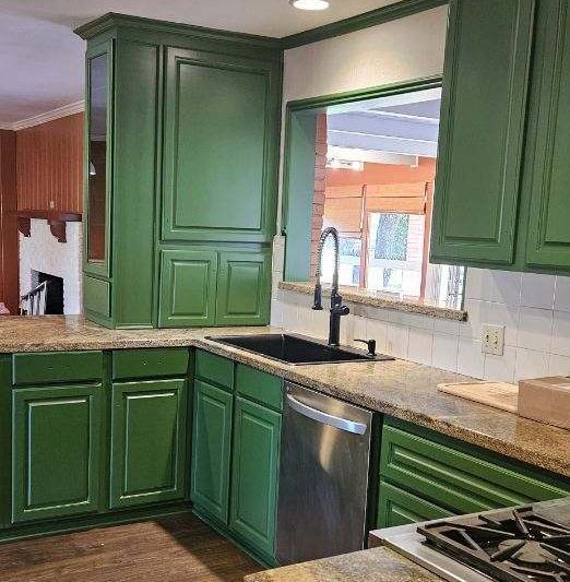 Rockwall Home Interior Full revamp Project after photo of full kitchen with green cabinets