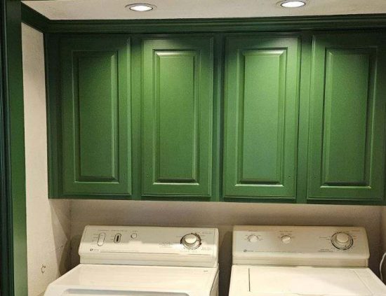 Rockwall Home Interior Full revamp Project after photo of washer dryer unit with green cabinets around