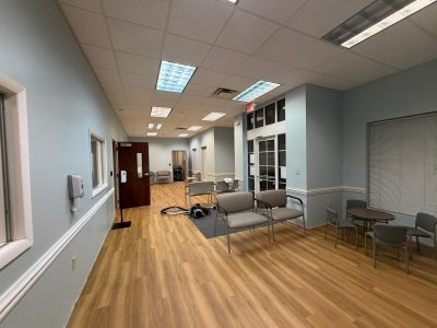 blue painted doctors office interior