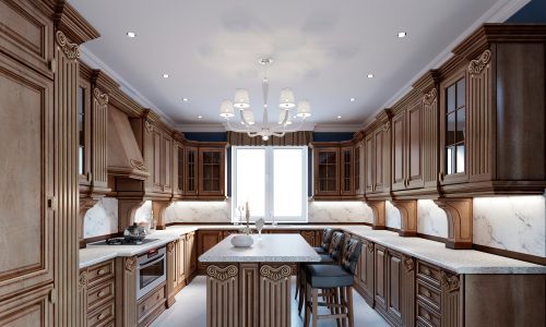 Dark wood kitchen cabinets before being repainted and refinished.