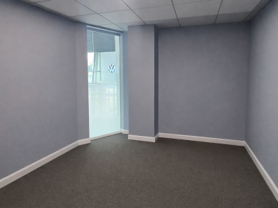 blue painted office space interior