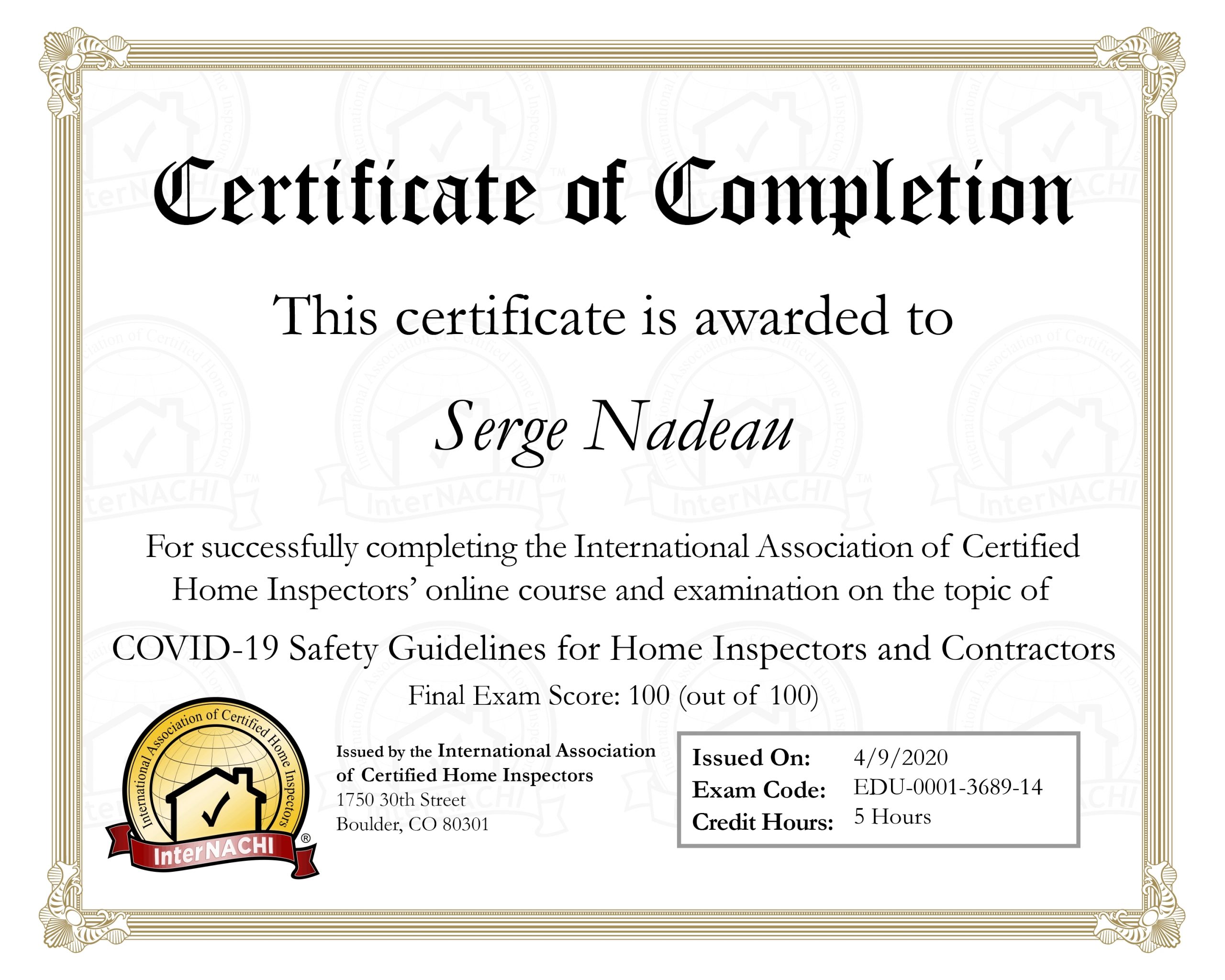 COVID Testing Certificate | Serge Nadeau, Owner