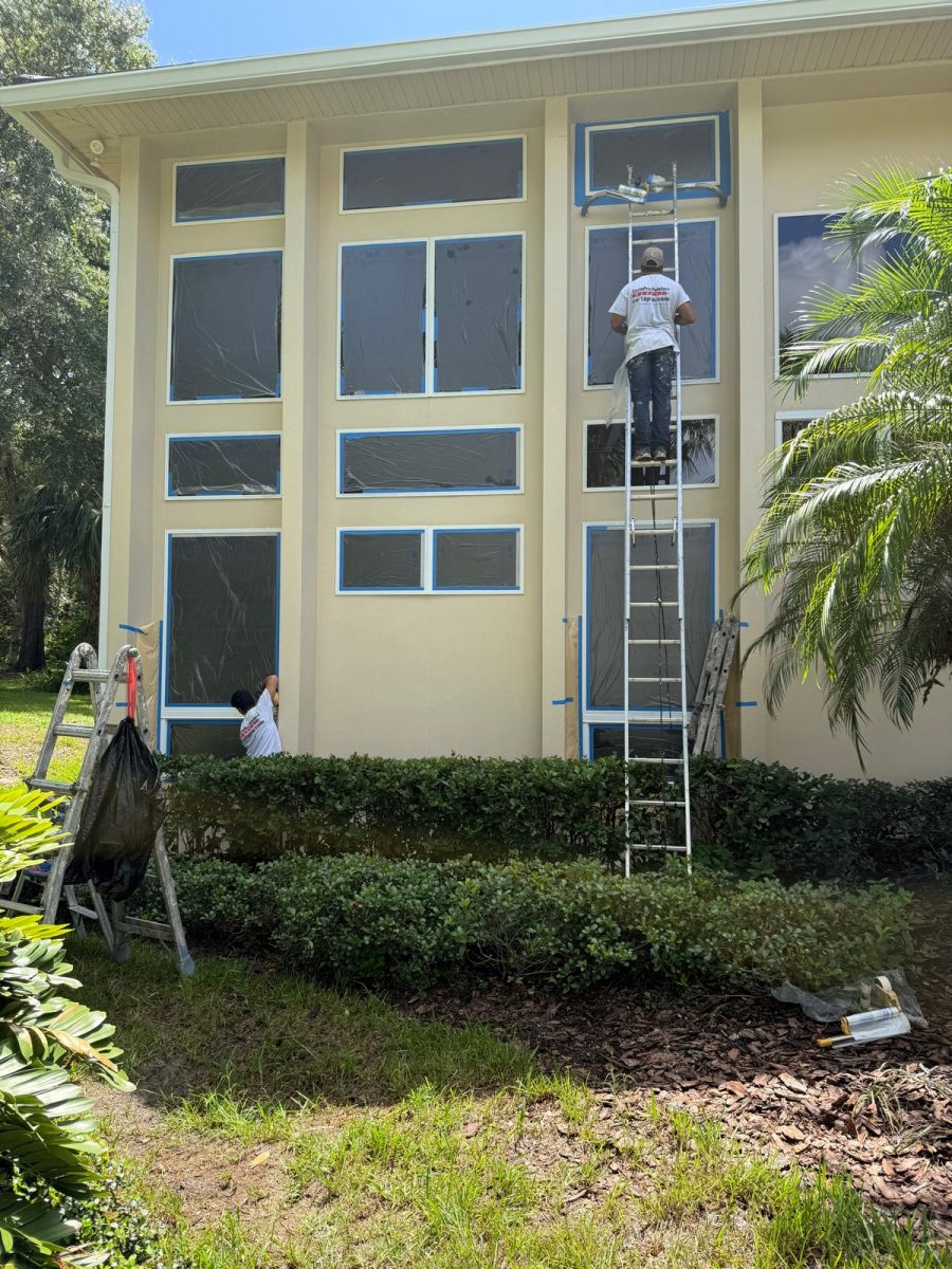 person on ladder against house during window trim repaint Preview Image 2