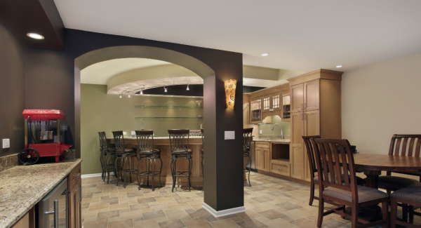 Residential basement with bar and counter tops