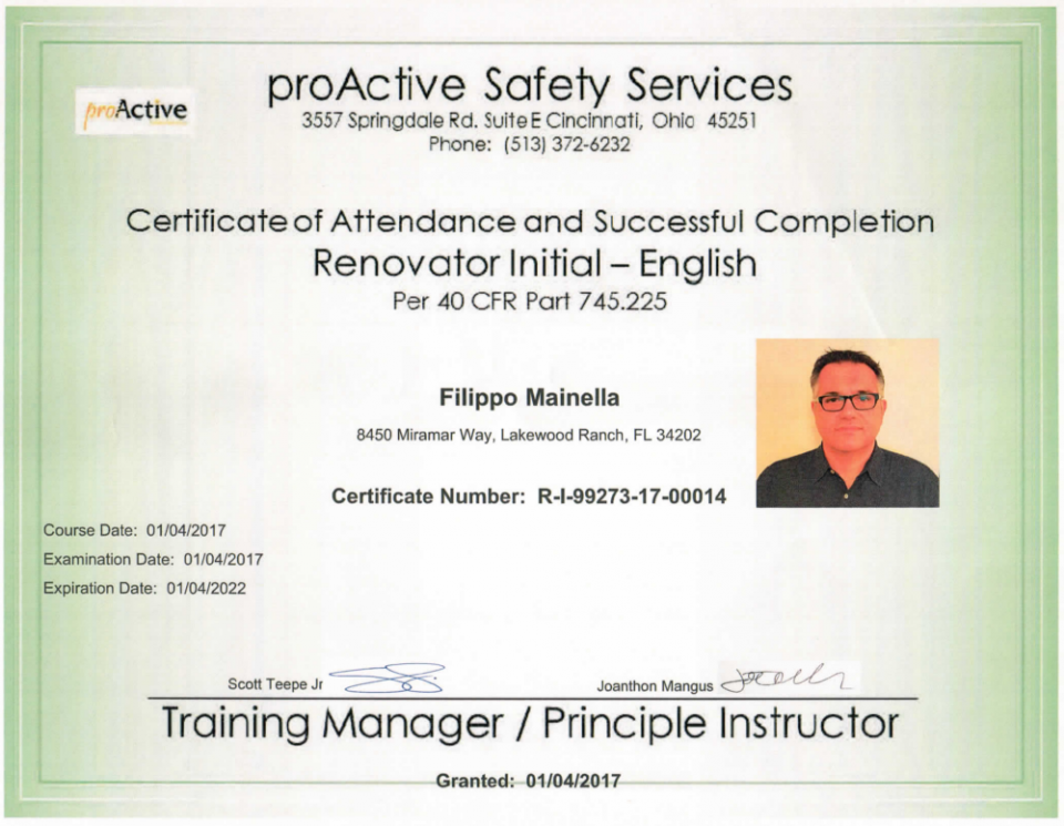 EPA Lead Certificate CertaPro Painters of St Petersburg