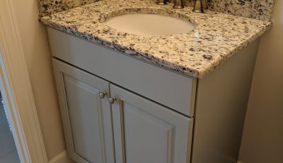 bathroom vanity gray with brown counter