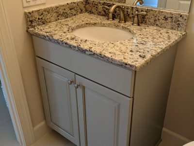 bathroom vanity gray with brown counter