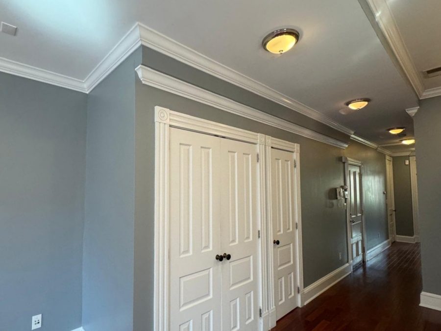 grey painted walls with white closet doors