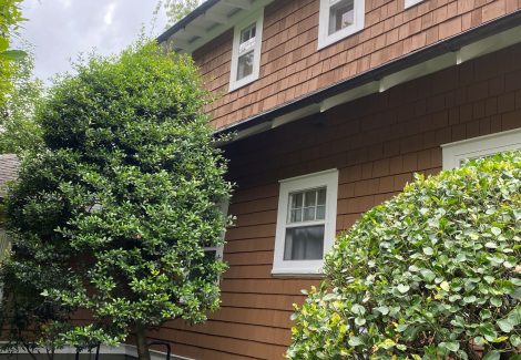 side of house with cedar shake siding and white trim