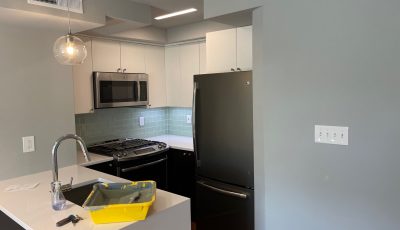kitchen area repainted light gray