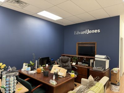 blue painted office space