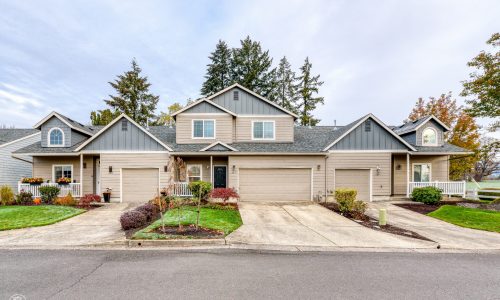Full View - Tan Base, Dark Grey Roof, White Trim