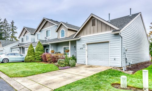 Lawn View - Light Grey Townhome with Tan Attics, a Dark Grey Roof & White Trim