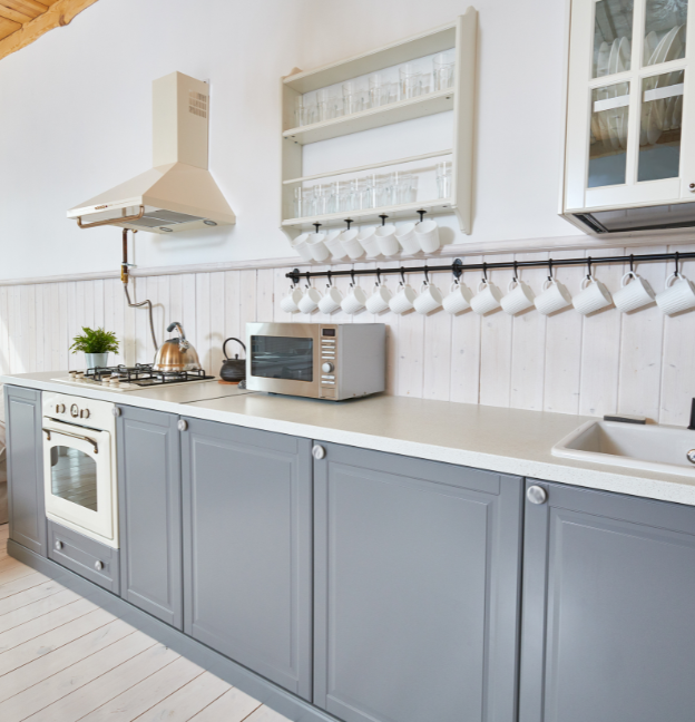 gray kitchen cabinet in minimalistic home