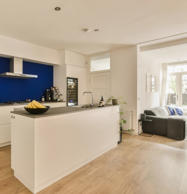 open floor plan with blue highlight in kitchen