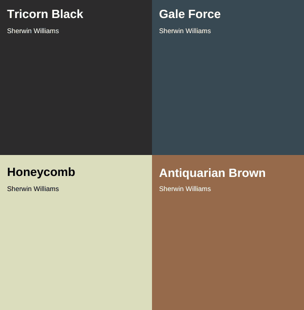 color cards of tricorn black, honeycomb, gale force, and antiquarian brown