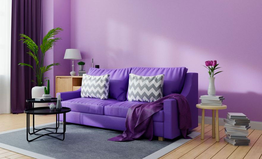 purple room with sofa