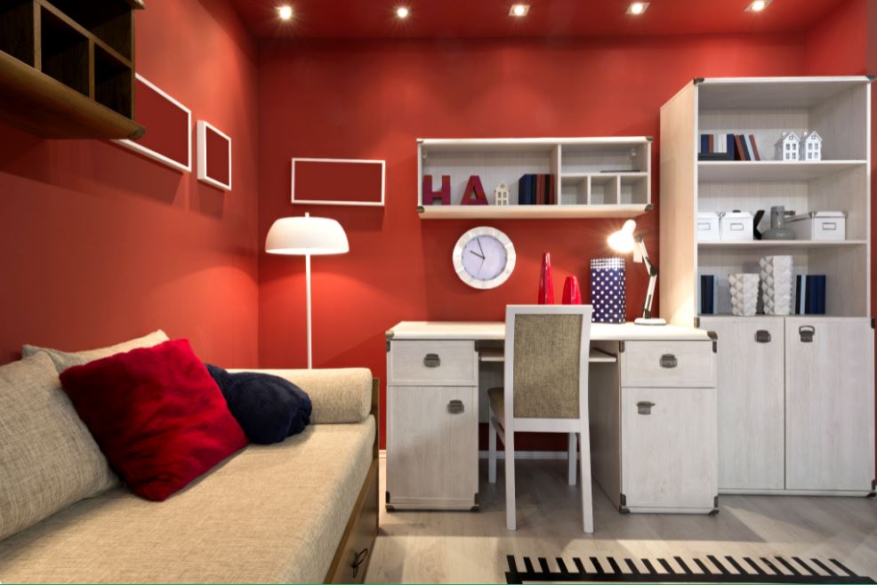office with red painted walls